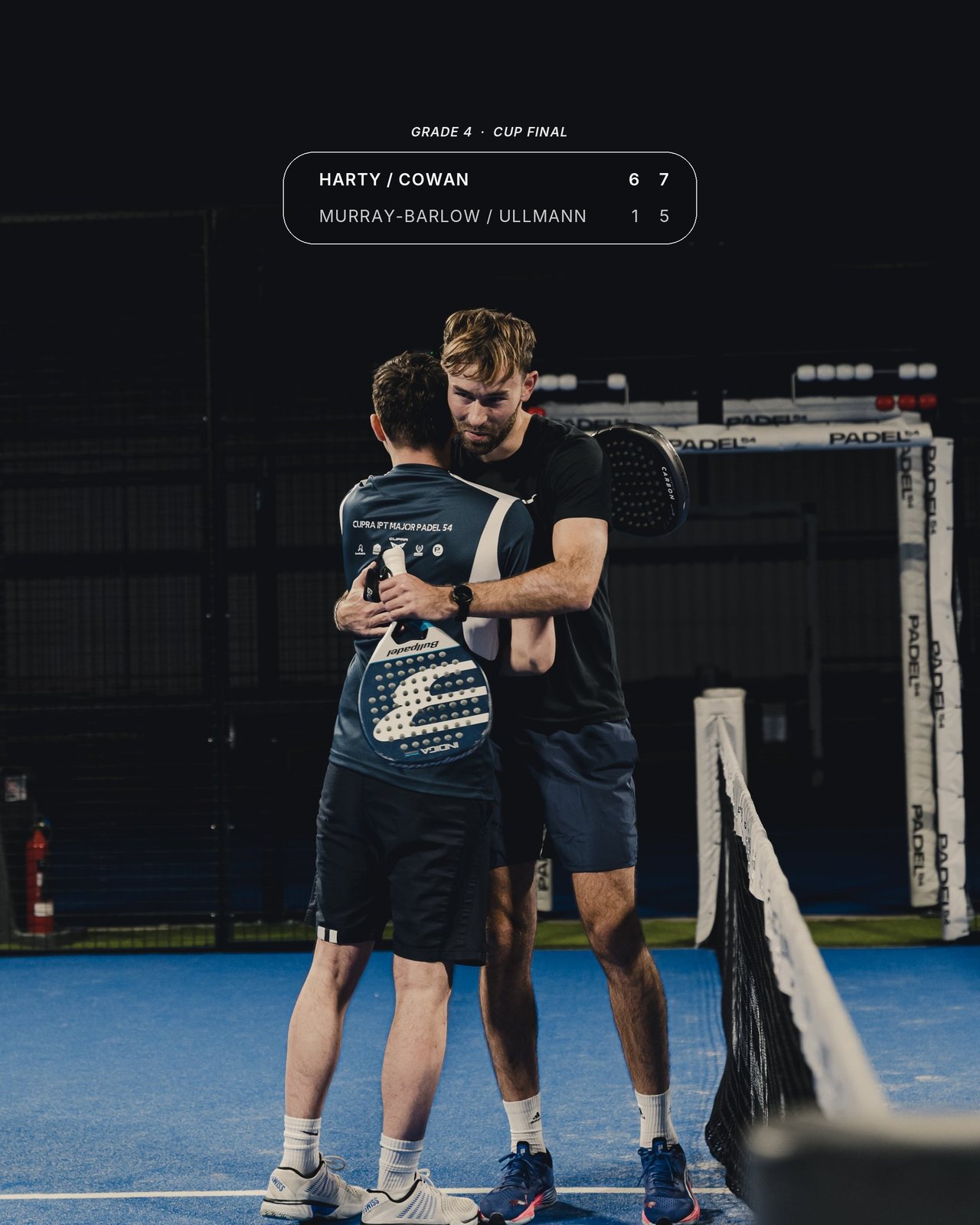 Tom Harty and James Cowan embrace at the net after winning the Cup final